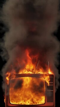 Old retro television burning intensely with bright orange and red flames, thick smoke and gl