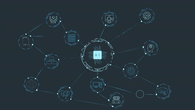 Digital AI processor icon integrated with a network of technology icons