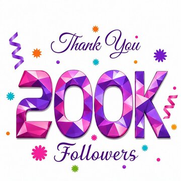 Thank you message design celebrating 200k followers with colorful geometric numbers and festive elements