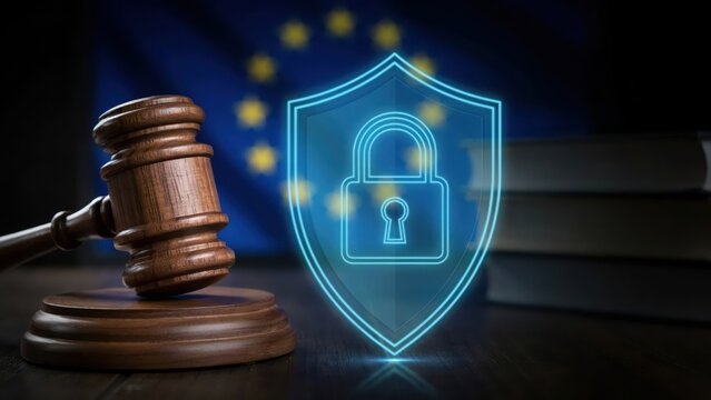 EU Data Protection Law: Gavel, Digital Security Shield, and European Union Flag