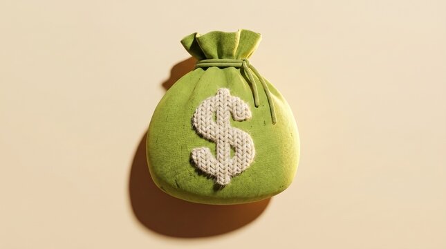 Lime green knitted money bag with dollar sign on beige background