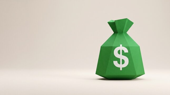 Green low poly money bag with dollar sign on clean off white background