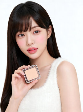 Young Asian model holding blank cosmetics compact case for mockup, beauty advertising template on white background
