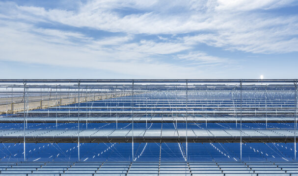 Aerial View of Linear Fresnel Concentrated Solar Power Mirror Arrays in Gobi Desert