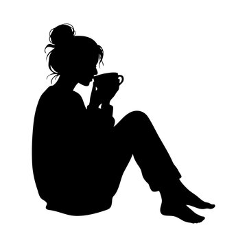 Woman Drinking Coffee Silhouette Vector Illustration Isolated on White Background, Cozy Morning Lifestyle Clipart
