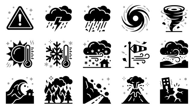 Set of natural disaster and extreme weather black vector icons on white background, illustrating climate emergency concepts and environmental warning safety graphics