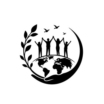 Global Community and Environmental Protection Silhouette Vector with Earth, People, Leaves and Birds