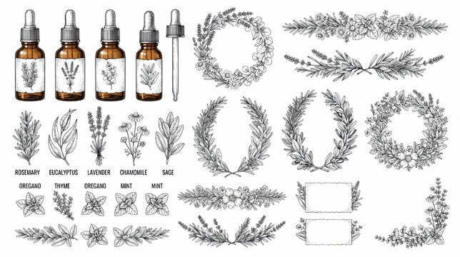 Hand draw herbal medicine and essential oils elements set, botanical wreaths, leaves, and dropper bottles vector illustration
