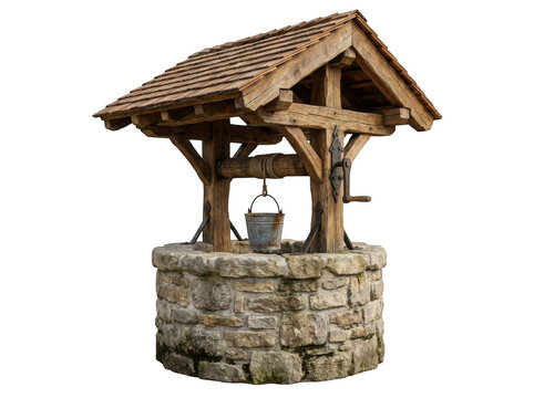 Rustic stone well with wooden roof isolated on a transparent background