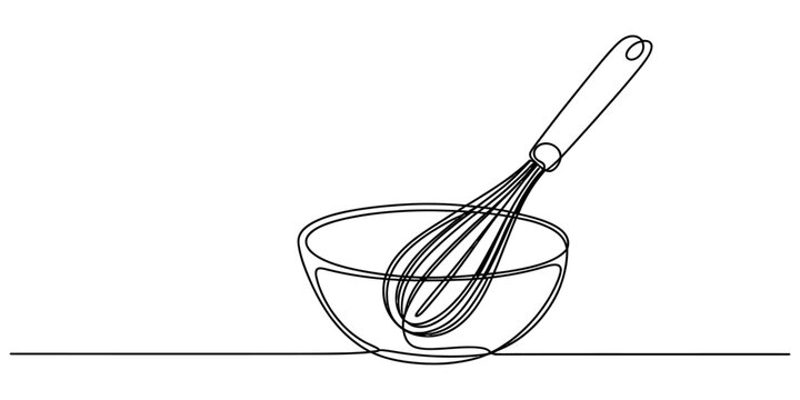 Kitchen whisk and mixing bowl drawn with a single continuous line for cooking and baking concepts isolated on a white background illustration