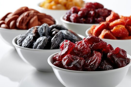 Clean food photography of dried fruit bowl array