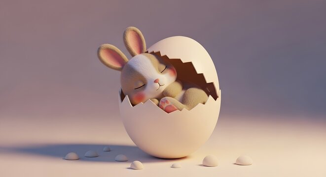 Cute baby bunny sleeping peacefully inside a cracked Easter egg shell on a soft background