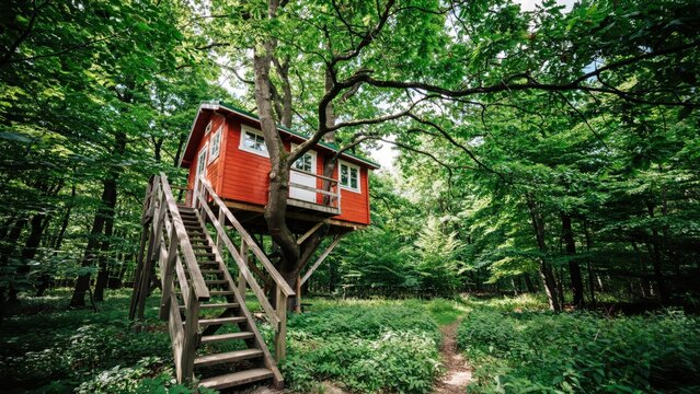 Red treehouse with wooden stairs nestled in a vibrant green forest.