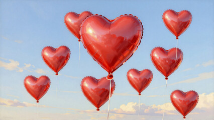 Fototapeta premium Red Heart Shaped Balloons Floating in Blue Sky for Love