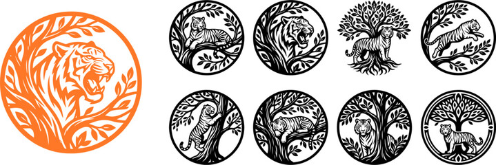Collection of tiger and leopard round emblems featuring wild jungle cats in trees and natural habitat © medi