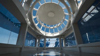 Fototapeta premium Futuristic white interior architecture featuring massive glass dome circular skylight structural ribs and blue tinted windows under bright daylight sky