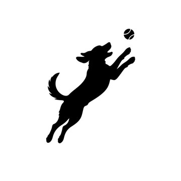 Dog Jumping to Catch Ball Silhouette Vector Isolated on White Background