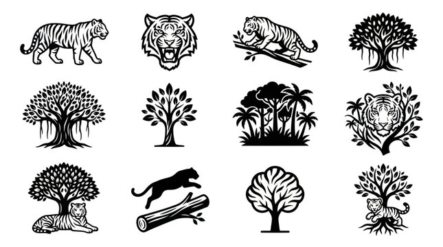 Black and white tiger and wild banyan tree vector icons set