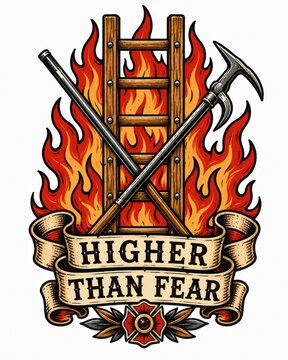 Firefighter emblem with crossed axe and pike pole above ladder, flames, parchment banner, bold rescue symbol for safety, courage, teamwork, station identity, vintage style