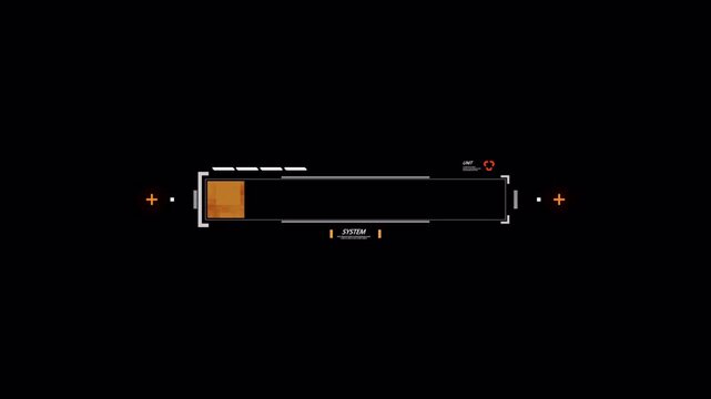 Futuristic digital battery charging progress bar animation with HUD interface elements.