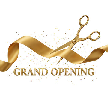 Shiny golden scissors cutting through a flowing satin ribbon with metallic text reading grand opening isolated on white background surface