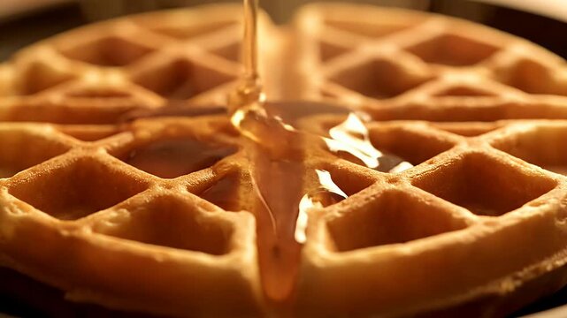 Golden waffle with sweet maple syrup pouring down in a close up food photography