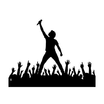 Rock Singer Performing Live on Stage with Cheering Crowd Silhouette Vector Isolated on White Background