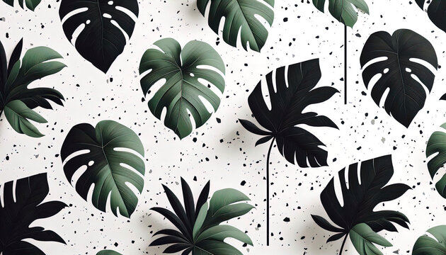 seamless pattern image with monstera leaves and terrazzo texture background