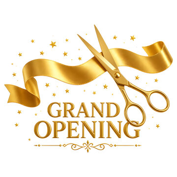Shiny golden scissors cutting a vibrant silk ribbon above bold elegant lettering for a festive grand opening event ceremony celebration