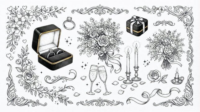 Hand-Drawn Wedding and Romance Elements Collection Draw
