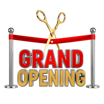 Grand opening signage featuring shiny gold scissors cutting through a bright red ribbon mounted on silver stanchions isolated on white