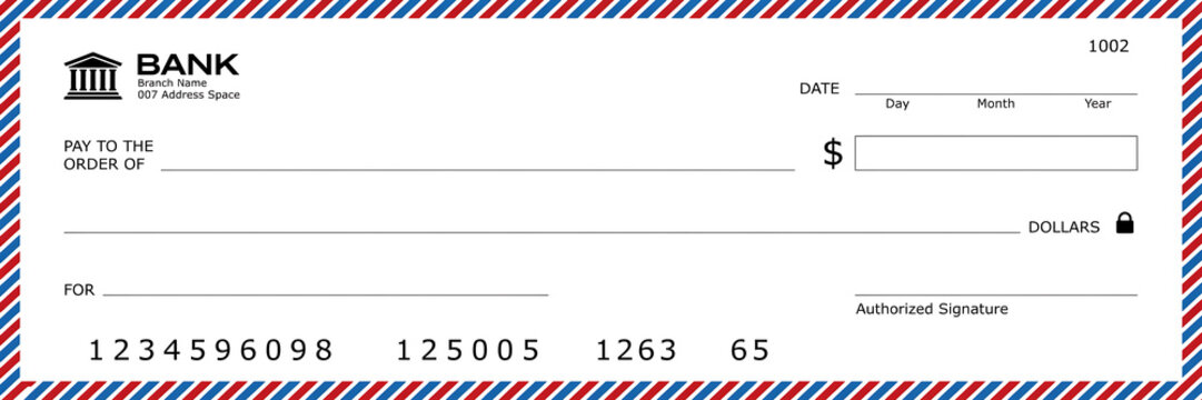 A blank bank check template with red and blue striped border, featuring fields for date, payee, amount, signature, and bank routing numbers