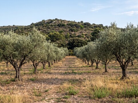 Symmetrical rows of olive trees in a sunny countryside orchard with green rolling hills and blue sky