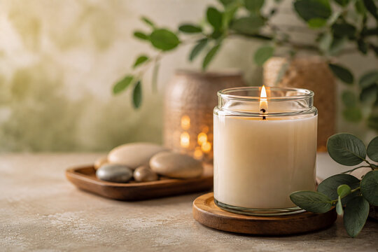Brennende Duftkerze im Glas mit Spa-Steinen und Eukalyptus f&uuml;r entspannende Wellness-Atmosph&auml;re
