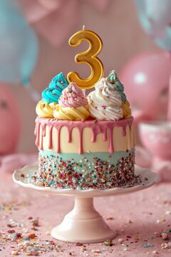 Beautiful colorful birthday cake with sprinkles and a golden number three candle on top against a soft pink blurred background, third anniversary celebration concept