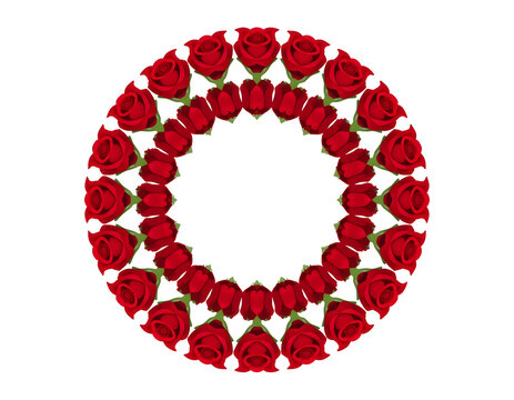 Vibrant circular wreath composed of multiple red roses arranged symmetrically against a pure white background for romantic decorative design purposes