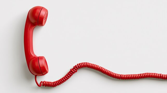 Red vintage telephone handset with coiled cord on plain white background, customer service communication blank space business asset