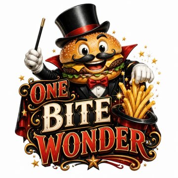 Retro fast food mascot celebrating with burger and fries. Vintage cartoon character holding a giant sandwich and golden french fries in a fun, nost...