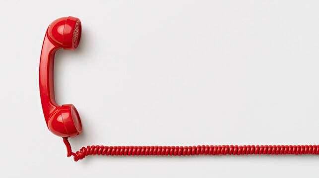 Red vintage telephone handset with coiled cord on plain white background, customer service communication blank space business asset
