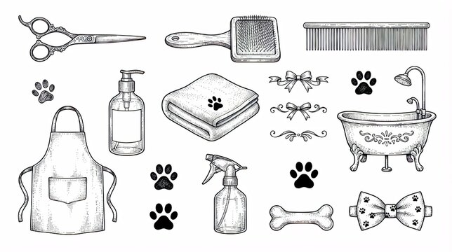 Hand-Drawn Pet Grooming and Bath Care Elements Collection Draw