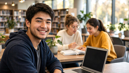 Fototapeta premium A smiling male student seated at a study table in a contemporary school library, looking confidently at the camera while working on a laptop.