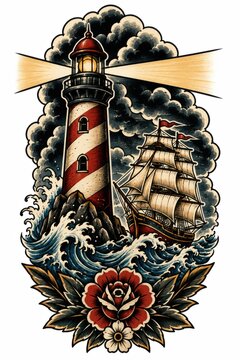 Striped lighthouse casting bright beams over stormy sea beside tall sailing ship, rocky coast, dark clouds and ornamental floral motif in dramatic vintage maritime illustration