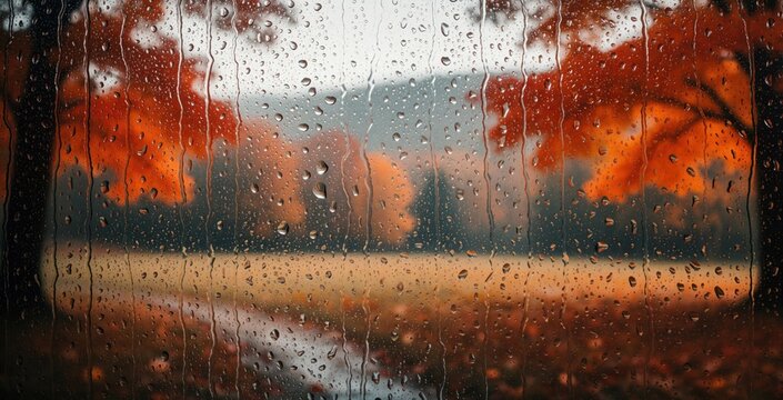 Raindrops fall on window glass with blurred autumn landscape outside. Wet surface shows orange foliage colors, moody weather. View through transparent pane displays misty nature scenery. Fall season