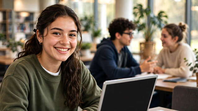 A smiling female student seated at a study table in a contemporary school library, looking confidently at the camera while working on a laptop.