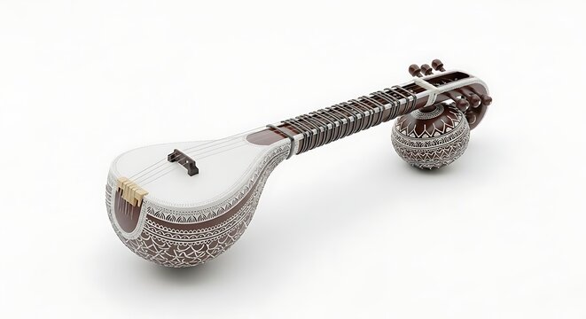 Traditional indian veena stringed musical instrument with carvings white background