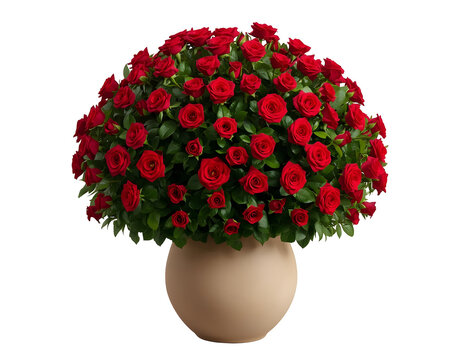 Lush bouquet of vibrant red roses arranged beautifully inside a smooth beige ceramic vase isolated against a clean white background