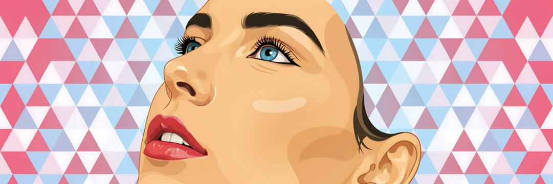 Of a young woman looking up with blue eyes, red lips, and skin tones against a geometric pink and blue triangle pattern