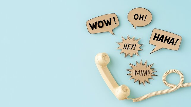 Beige vintage telephone handset with speech bubbles on light blue background, fun communication chat dialog, creative business copy space asset