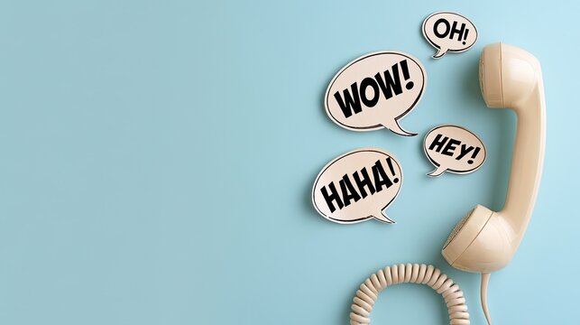 Beige vintage telephone handset with speech bubbles on light blue background, fun communication chat dialog, creative business copy space asset