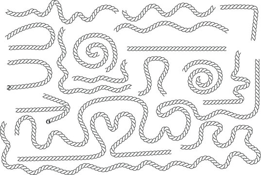 A comprehensive collection of various black outline rope segments and lines on a clean white background